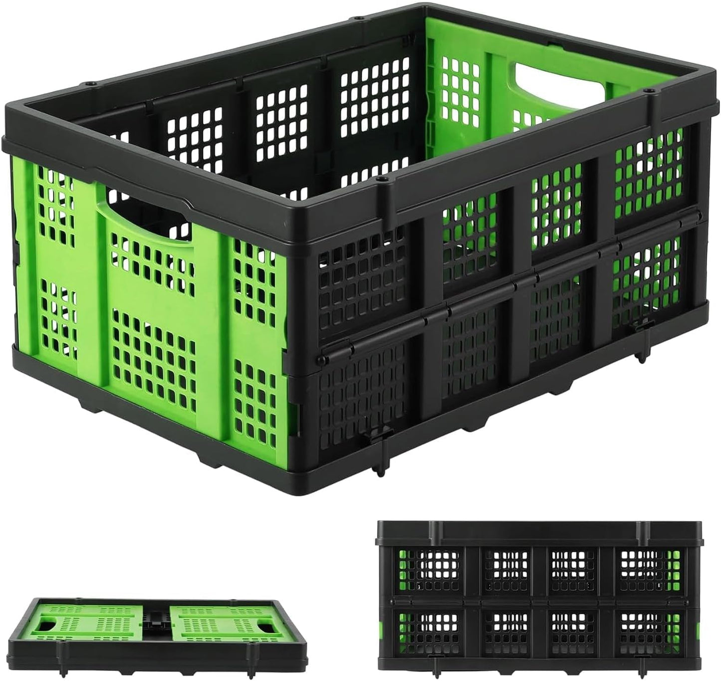 OUTLANE Collapsible Milk Crate,55L Folding Stackable Plastic Storage Bins with Side Handles,Heavy Duty Stackable Containers Folding Storage Baskets for Home, Office, School & Garage,Green