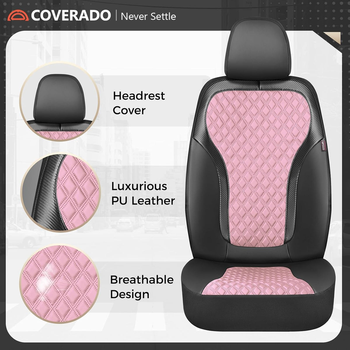 Coverado Seat Covers Front Seats, Luxury Diamond Leather Car Seat Cover, Sports Carbon Fiber Design Waterproof Car Seat Protector, Black Pink Automotive Seat Covers Universal Fit Most Cars
