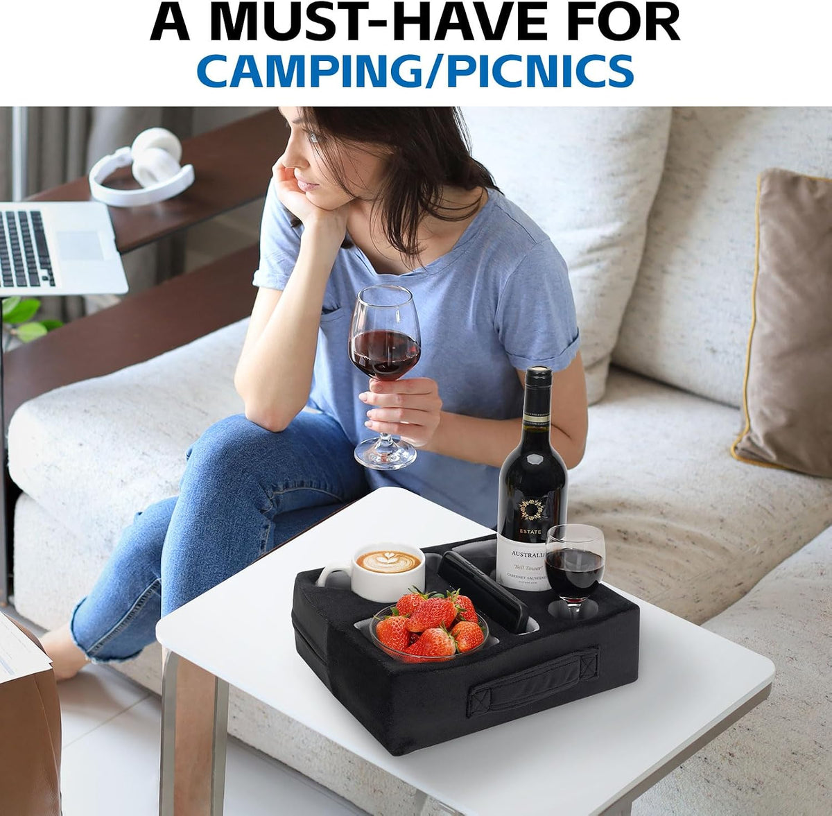 G GOOD GAIN Couch Cup Holder Pillow-Sofa Cup Holder Cozy Buddy | Bed Drink Caddy Holds Tablet, Remote, Snacks | Waterproof Anti-Spill Sofa Beverage Tray for Car, Park, Beach, Picnic, Boat, RV(Black)