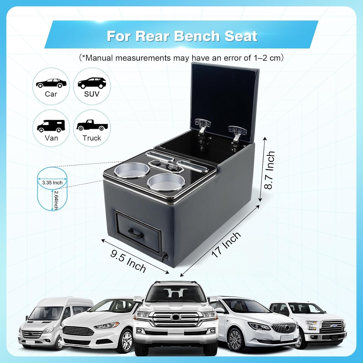 Center Console, Universal Bench Seat Center Console with Fast Phone Charging， Back Seat Car Organizer, Automotive Center Console with Cup Holder & Phone Holder (Gray)