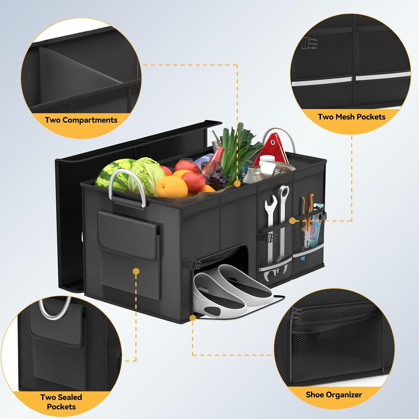 Car Trunk Organizer for SUV 50L Car Caddy Golf Trunk Organizer with Lid Collapsible Truck Storage Bin Large Compartment Car Grocery Organizer with 4 Pockets Handle Shoe Organizer Cargo Van Jeep Sedan