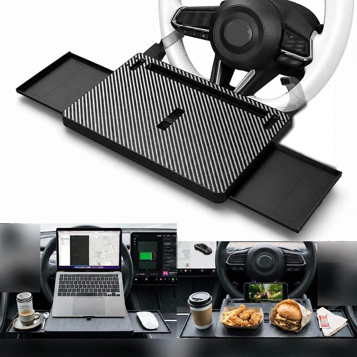 Car Steering Wheel Tray for Eating Food, Adjustable Car Laptop Desk Table Fits 16" Laptop and Steering Wheel Cover with Dual Panels, Ideal for Cars, SUV, EV Parked Charging