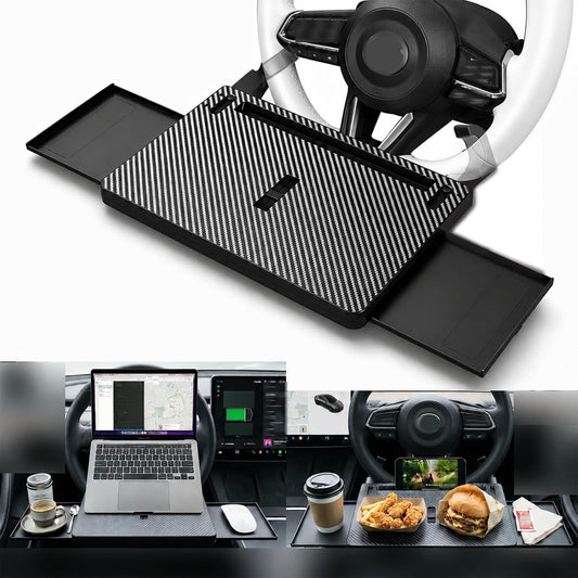 Car Steering Wheel Tray for Eating Food, Adjustable Car Laptop Desk Table Fits 16" Laptop and Steering Wheel Cover with Dual Panels, Ideal for Cars, SUV, EV Parked Charging
