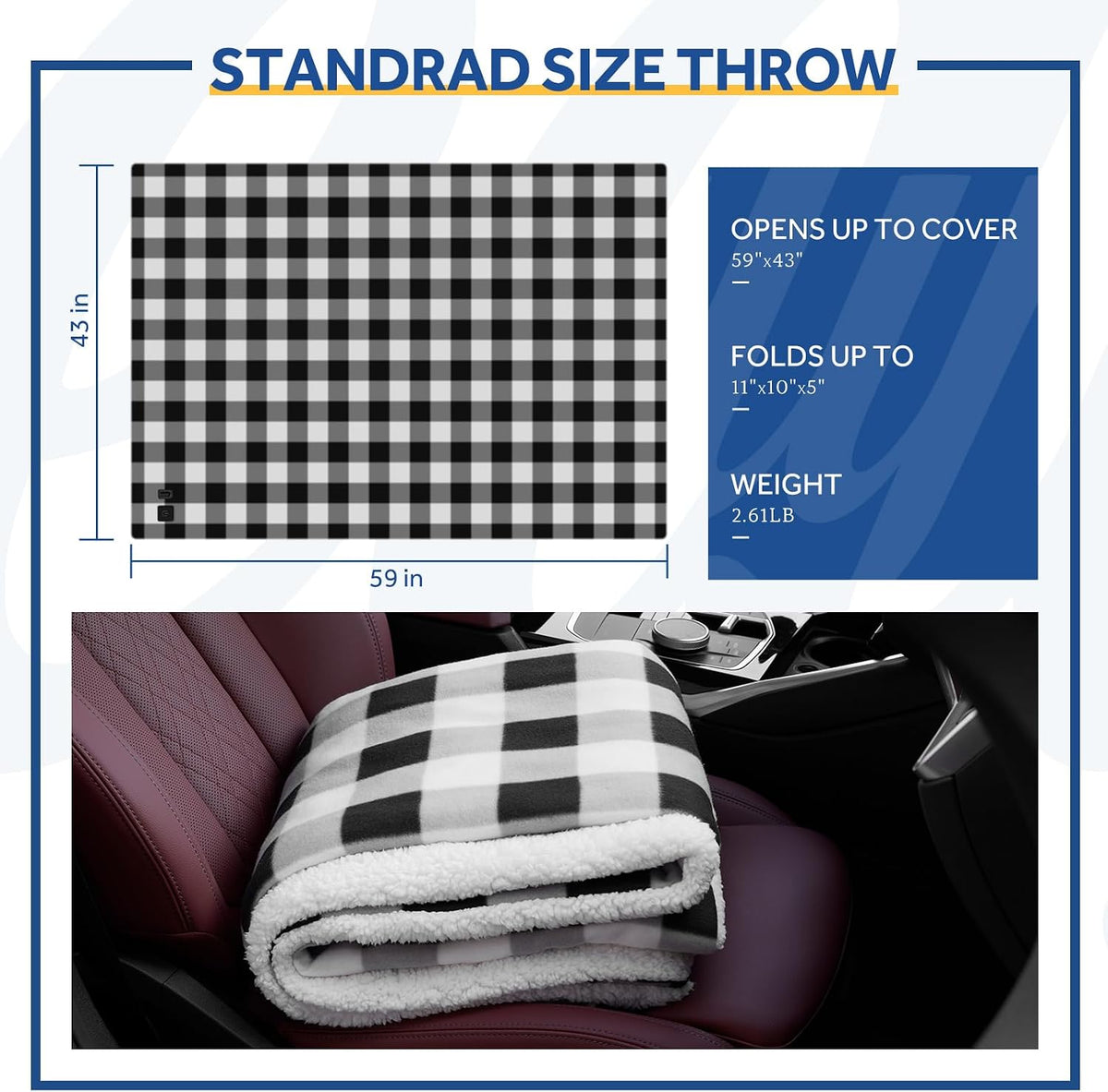 Sealy 12-Volt Heated Car Blanket, 2 USB Output Ports, 59"x43", Black Plaid