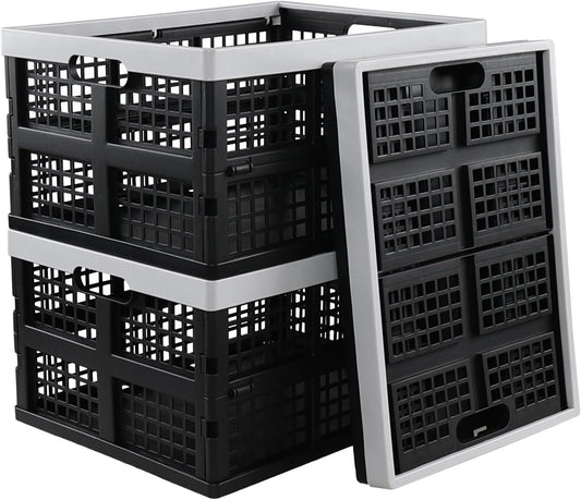 34 L Plastic Collapsible Crates, Folding Storage Crate, 3 Packs | Space-Saving Stackable Crate Basket with Carry Handles, Quick-Fold Design for Home, Garage, Car Trunk