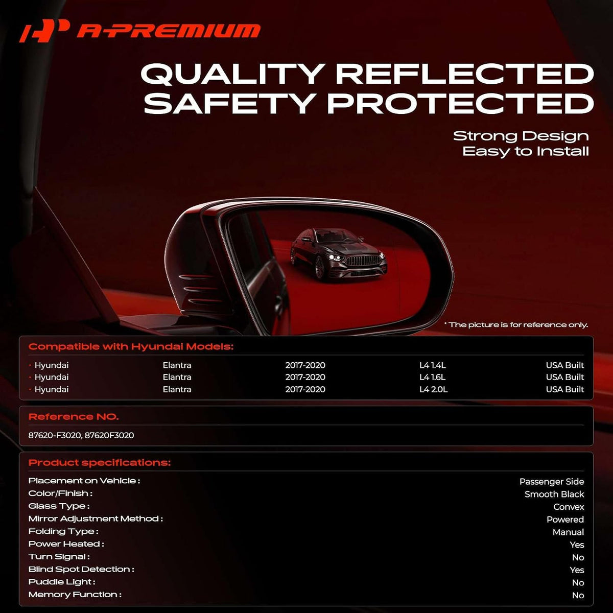 A-Premium Passenger Side Power Door Mirror Compatible with Hyundai