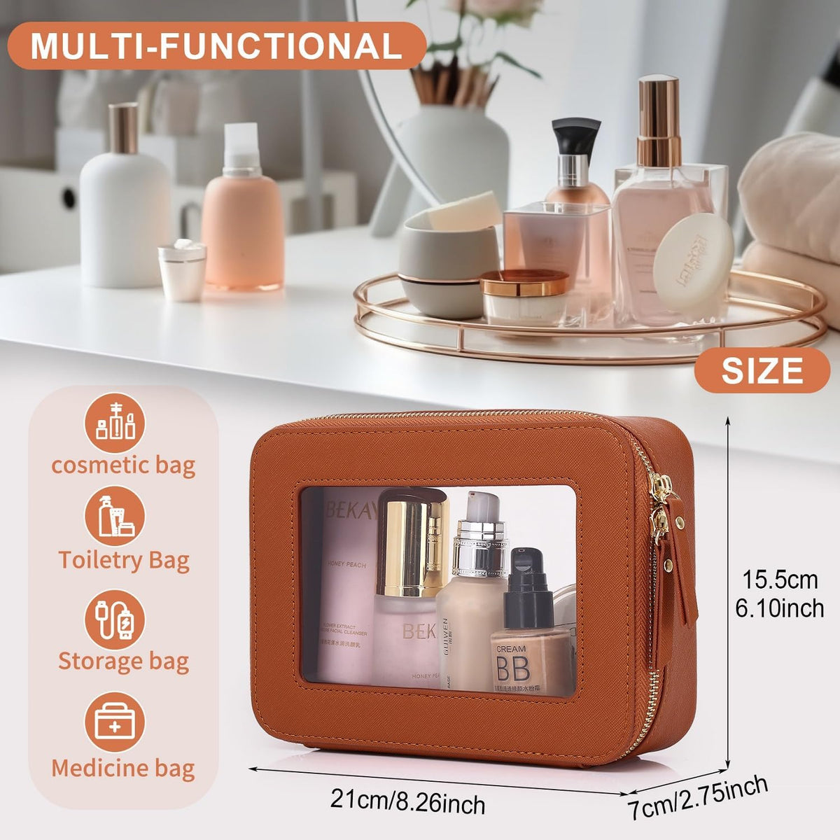 Pinkmik Clear Makeup Bag, (Brown, M)