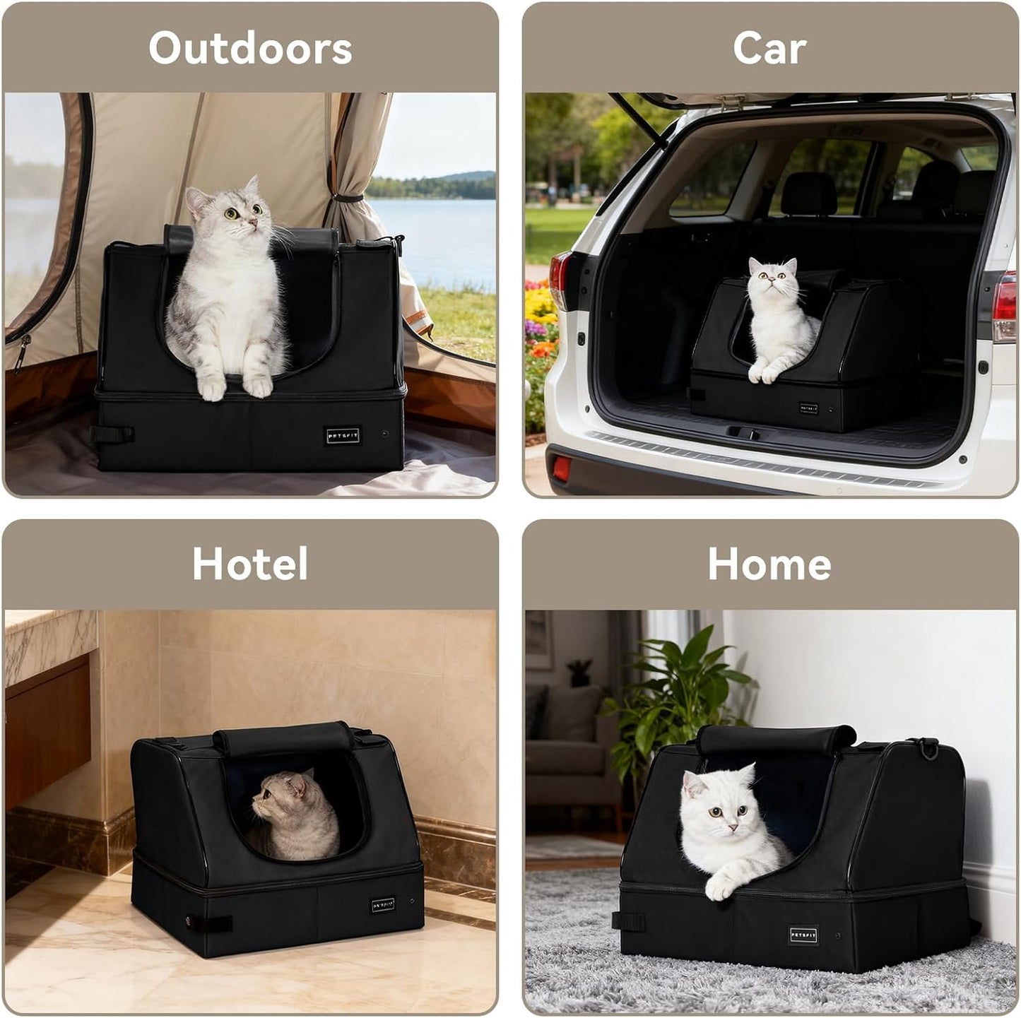 PETSFIT Portable Travel Cat Litter Box – Collapsible, 2-Layer Leak-Proof Washable Liner with Sturdy Support Frame, for Hotel/Car/Camping, Cat Travel Essentials for Kitty/Medium Cats Solid Black