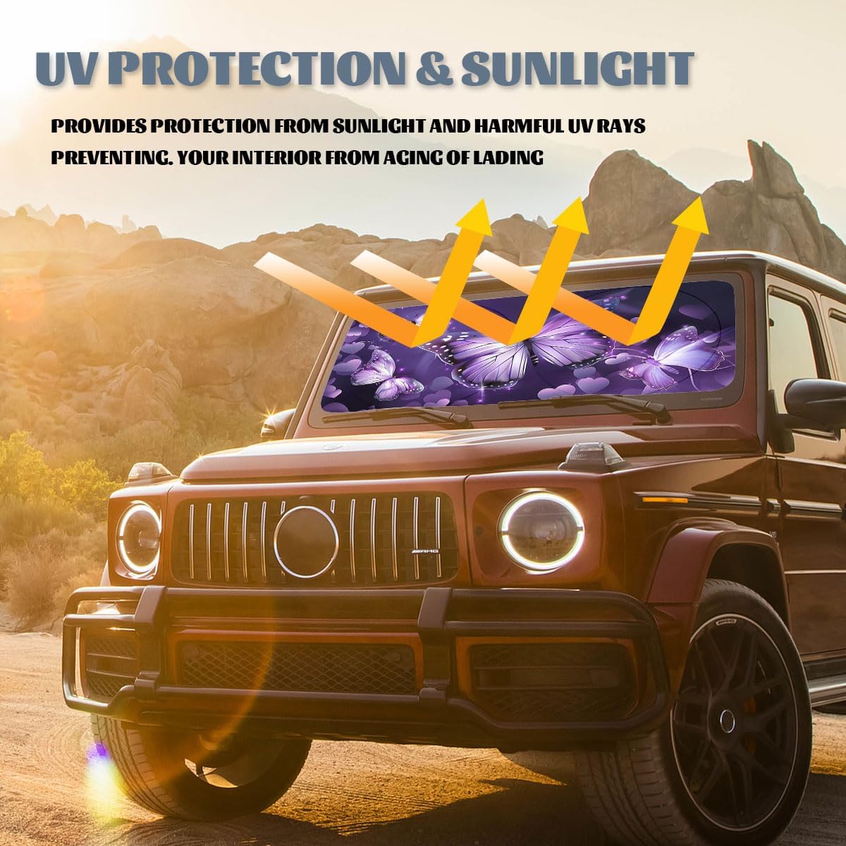 Purple Butterfly Car Windshield Sun Shield, 59*31.5 Inches, UV Rays Protection, Universal Fit for SUV, Truck, Car