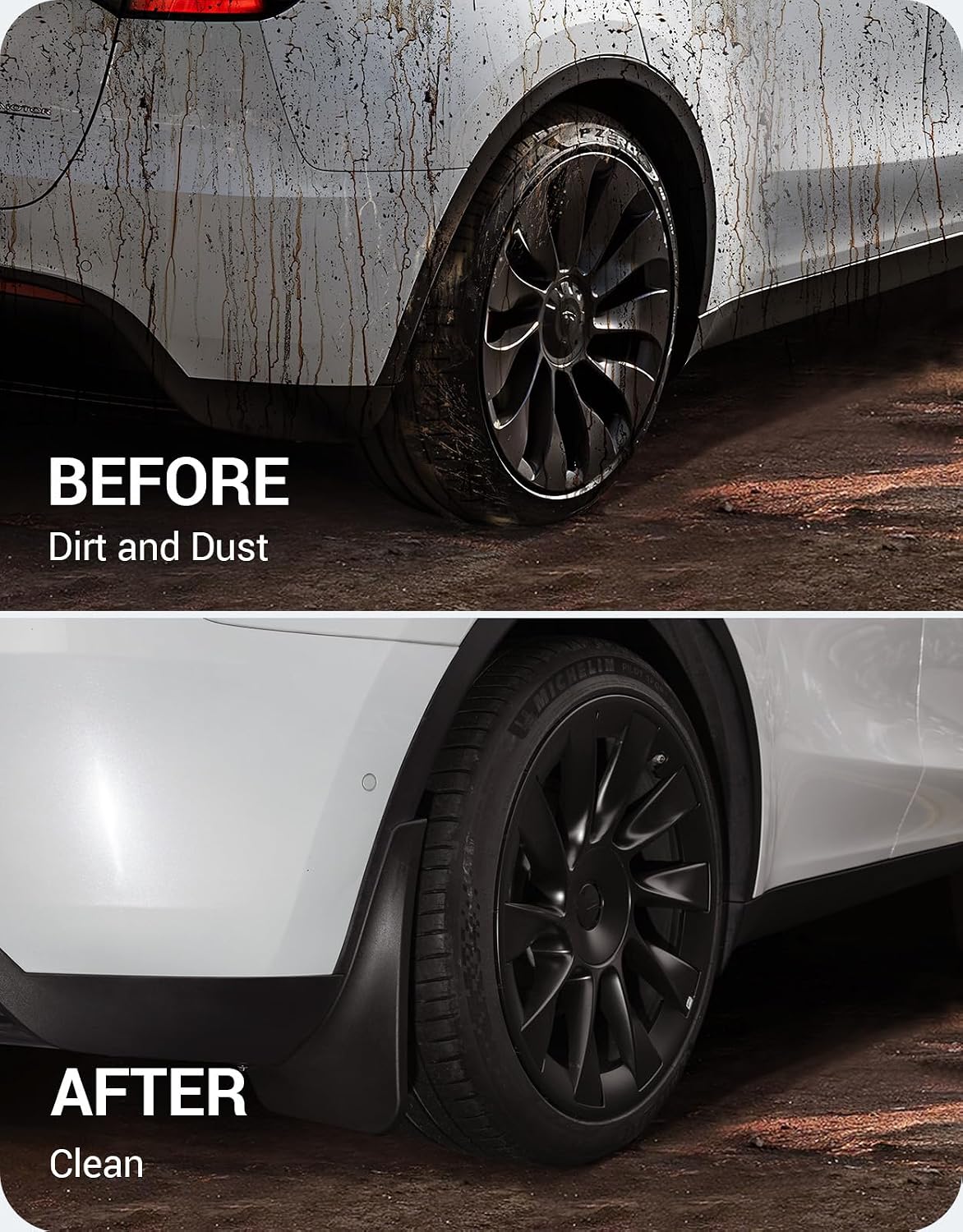 BASENOR 2024-2020 Tesla Model Y Mud Flaps Splash Guards Vehicle Sediment Protection No Drilling No Tape Mudflaps Tire Protector Mudflaps All Weather Tesla Exterior Accessories (Set of 4)