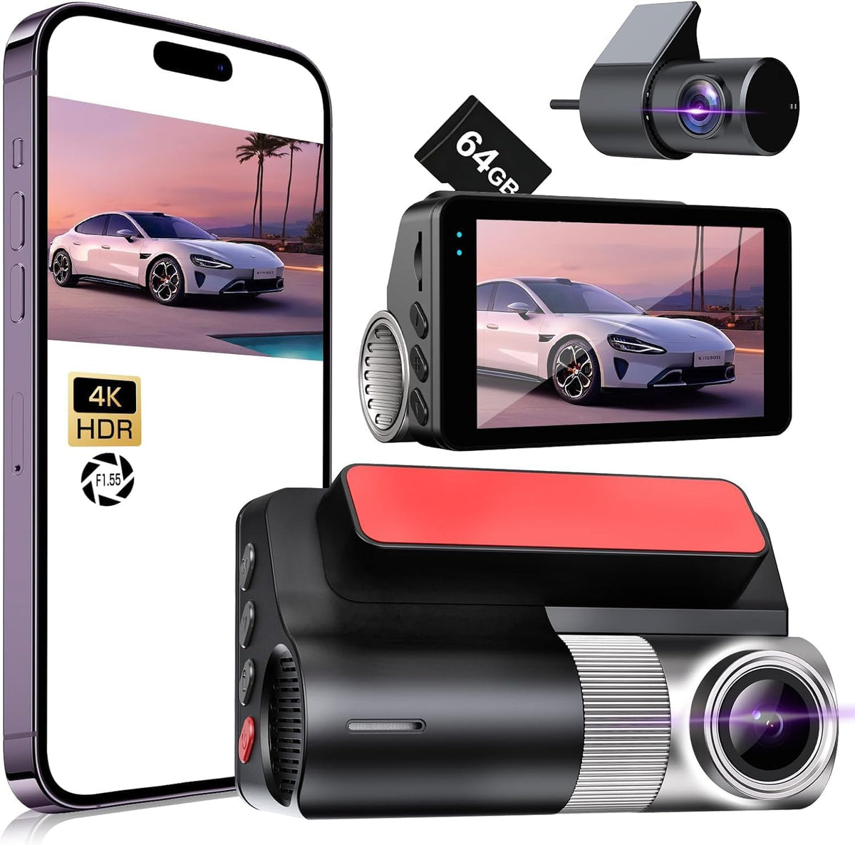 4K Dash Cam Front and Rear,G-Sensor, Free 64GB Card Included, 5.8GHz WiFi Dash Cam for Cars, 3" HDIPS, 24H Parking Monitor,Night Vision,Time-Lapse Recording
