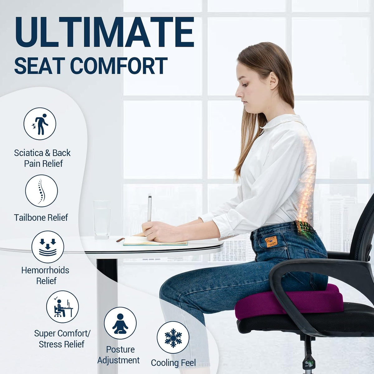 Season Guard Gel Memory Foam Seat Cushion for Tailbone Pain Relief, Purple