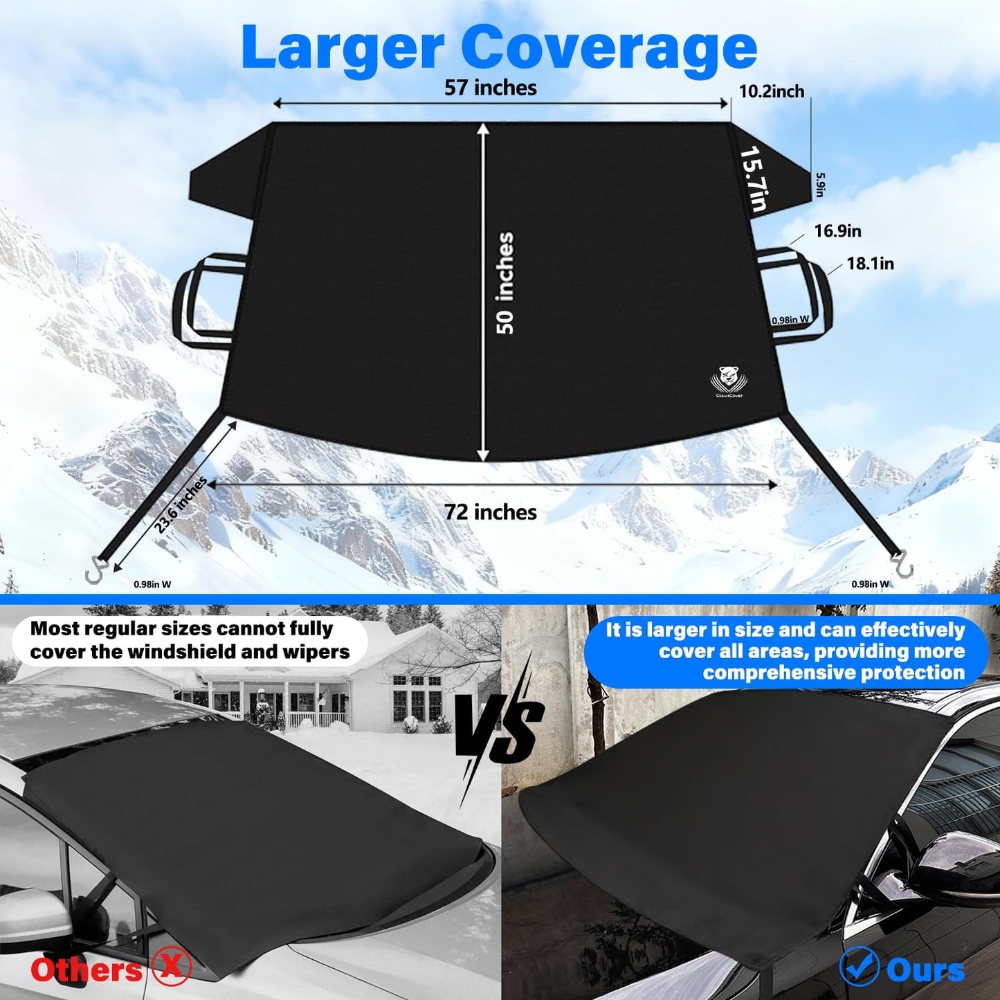 Windshield Cover for Ice and Snow,Heavy Duty 600D Oxford Fabric,Snow Windshield Cover for Car,Trucks, SUV,MPV,Van,Standard Winter Frost Hails Windshield Protector Blanket,X-Large,72/57Wx50D Inch