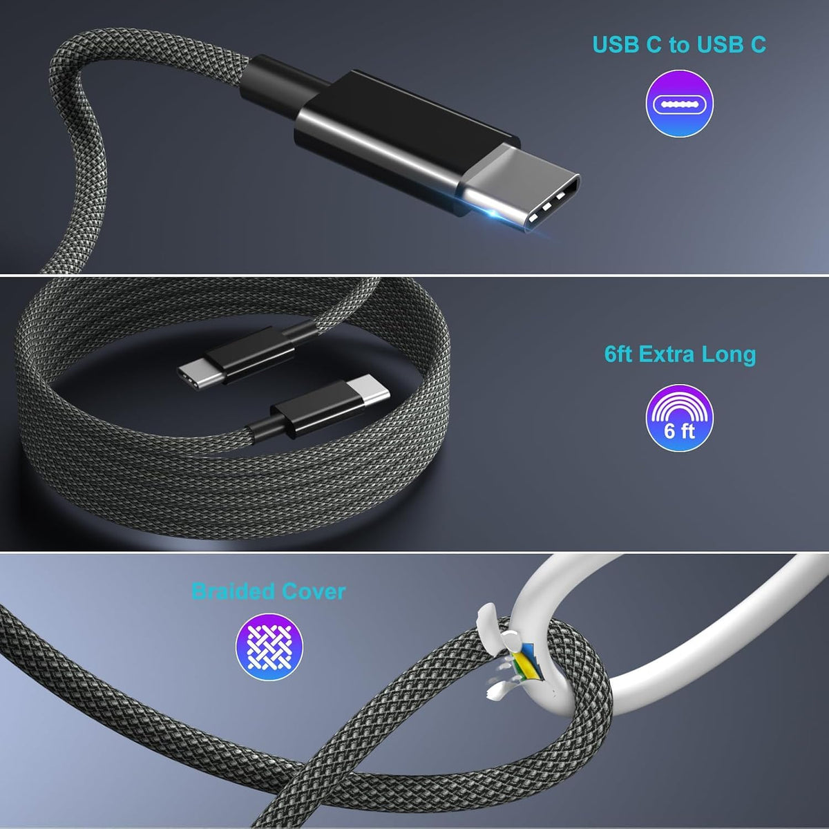 Car Charger Fast Charging Type C, 2X Braided USB C to USB C Cable 6ft
