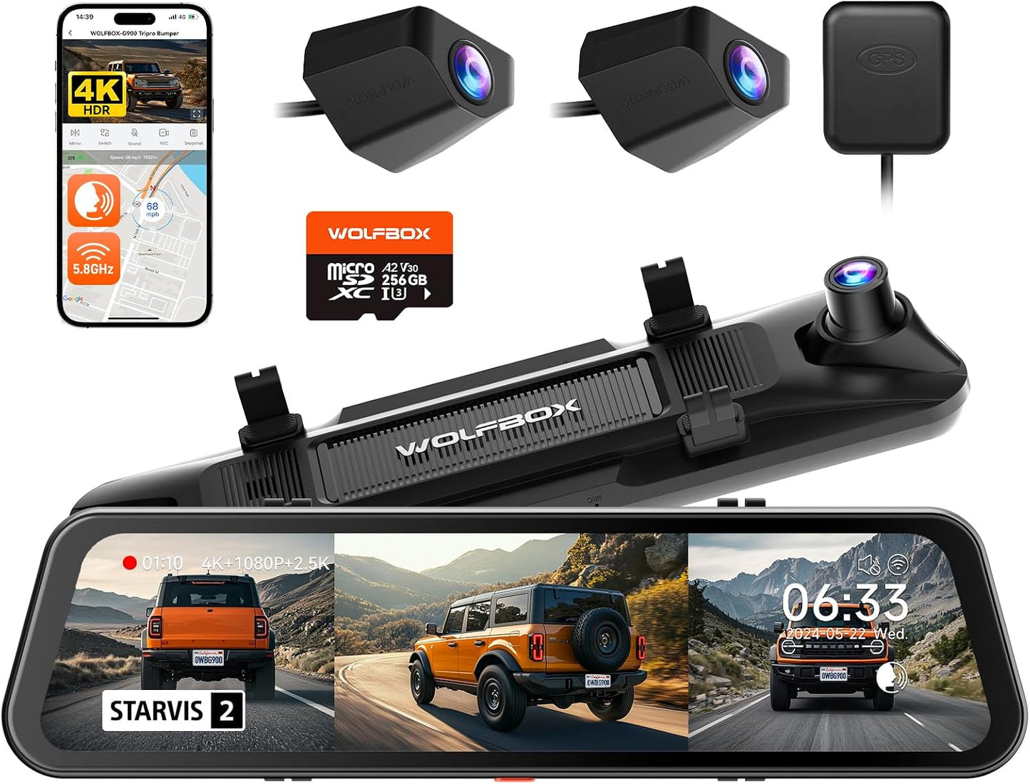 WOLFBOX G900 Tripro Bumper Version 3 Channel 4K Mirror Dash Cam, 8MP STARVIS 2 IMX678 Night Vision, 4K+2.5K+1080P Front and Rear Bumper Dash Cam, 5.8GHz WiFi, Voice Control, Includes 256GB Card & GPS