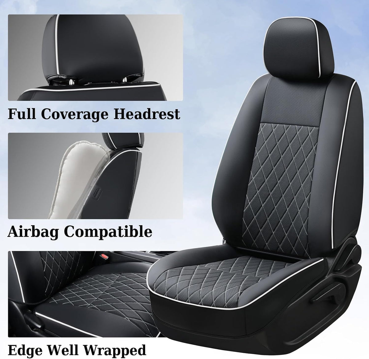 Coverado Tacoma Seat Covers, Car Seat Covers Front Seats, Leather Seat Covers for Cars Car Seat Protector Cushion Tacoma Accessories Custom Fit 2005-2015 Toyota Tacoma Double/Crew Cab(White Line)