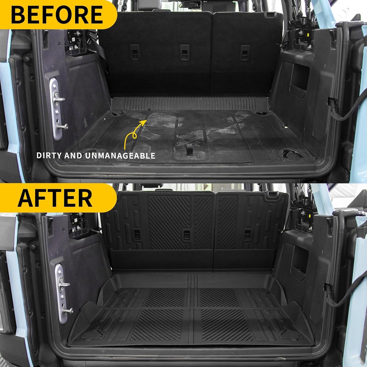 Cargo Mat Compatible with 2021 2022 2023 2024 2025 2026 Ford Bronco Trunk Mat Back Seat Cover Protector Cargo Liner Split Seat Kick Mat for Ford Bronco Accessories 4 Door