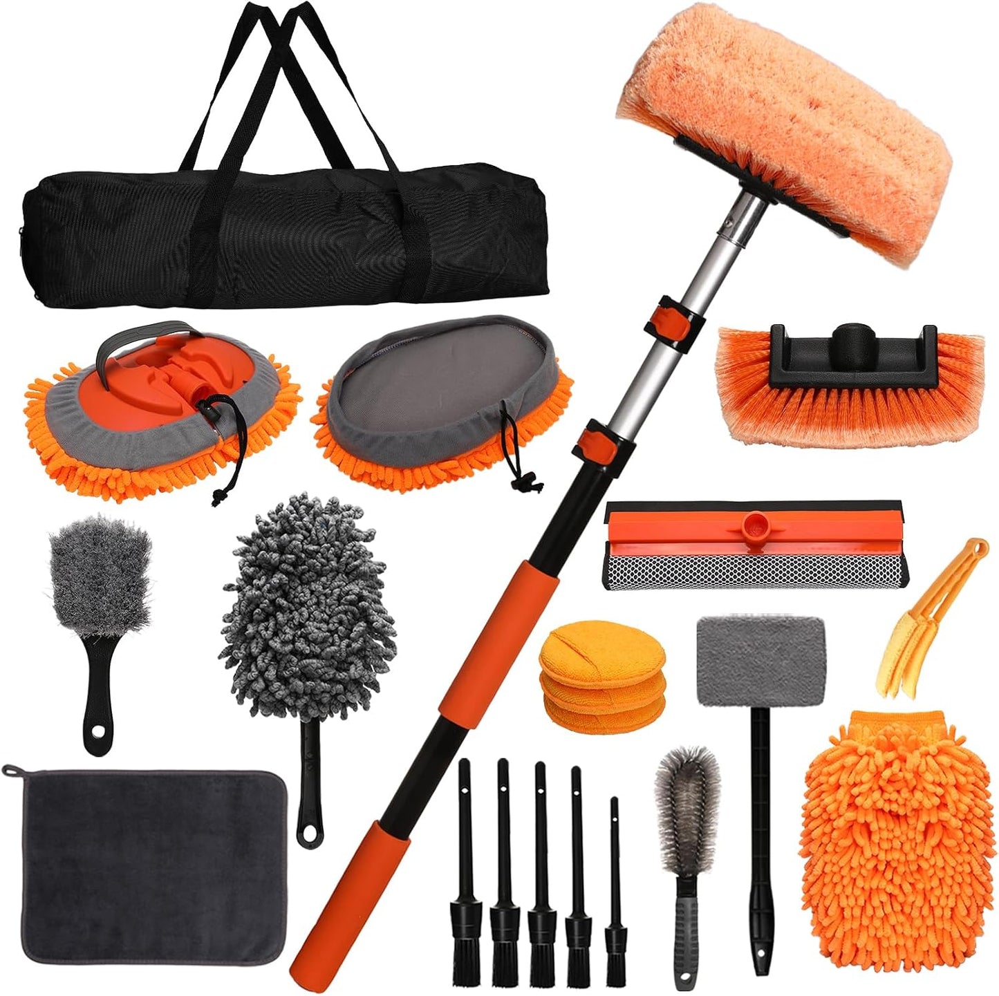 21Pcs Car Wash Kit with 60" Heavy-Duty Extension Pole, Soft Car Wash Brush, Wheel &amp; Tire Brush, Scratch-Free Car Mop Mitt &amp; Window Squeegee, Detailing Tool for Car Exterior &amp; Interior Cleaning