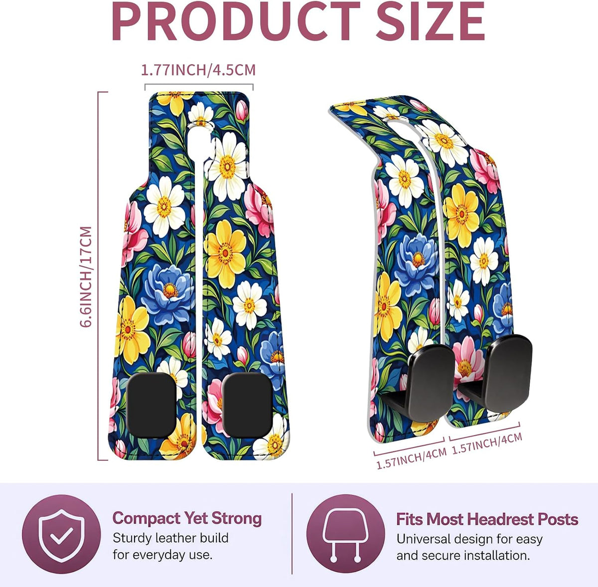 Car Seat Back Storage Hook, Funny Car Purse Hook, Cute Vehicle Storage Organizer for Purses Handbags Bright Floral Pattern