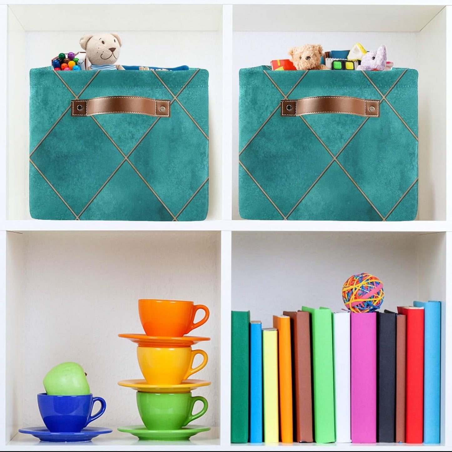 Blueangle Teal Watercolor Geometric Plaid Rectangle Storage Bin, 15 x 11 x 9.5 in, Collapsible Organizer Storage Basket for Home Décor, 2PCS