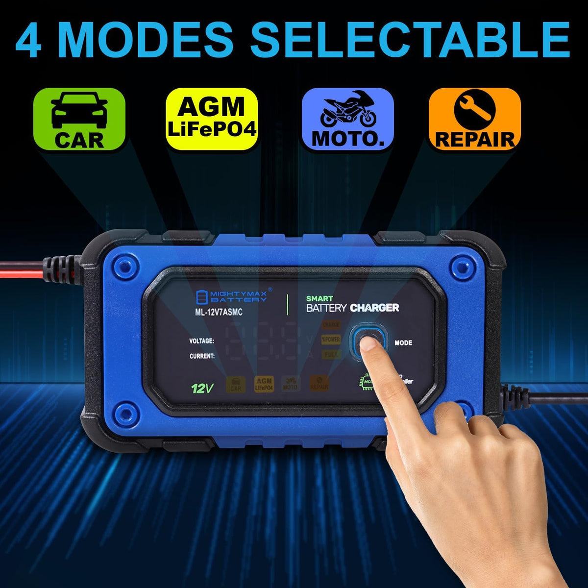 Mighty Max Battery 12V 7A Smart Battery Charger and Maintainer with Repair Mode Compatible with LiFePO4, SLA, Gel, AGM and Wet Cell Batteries