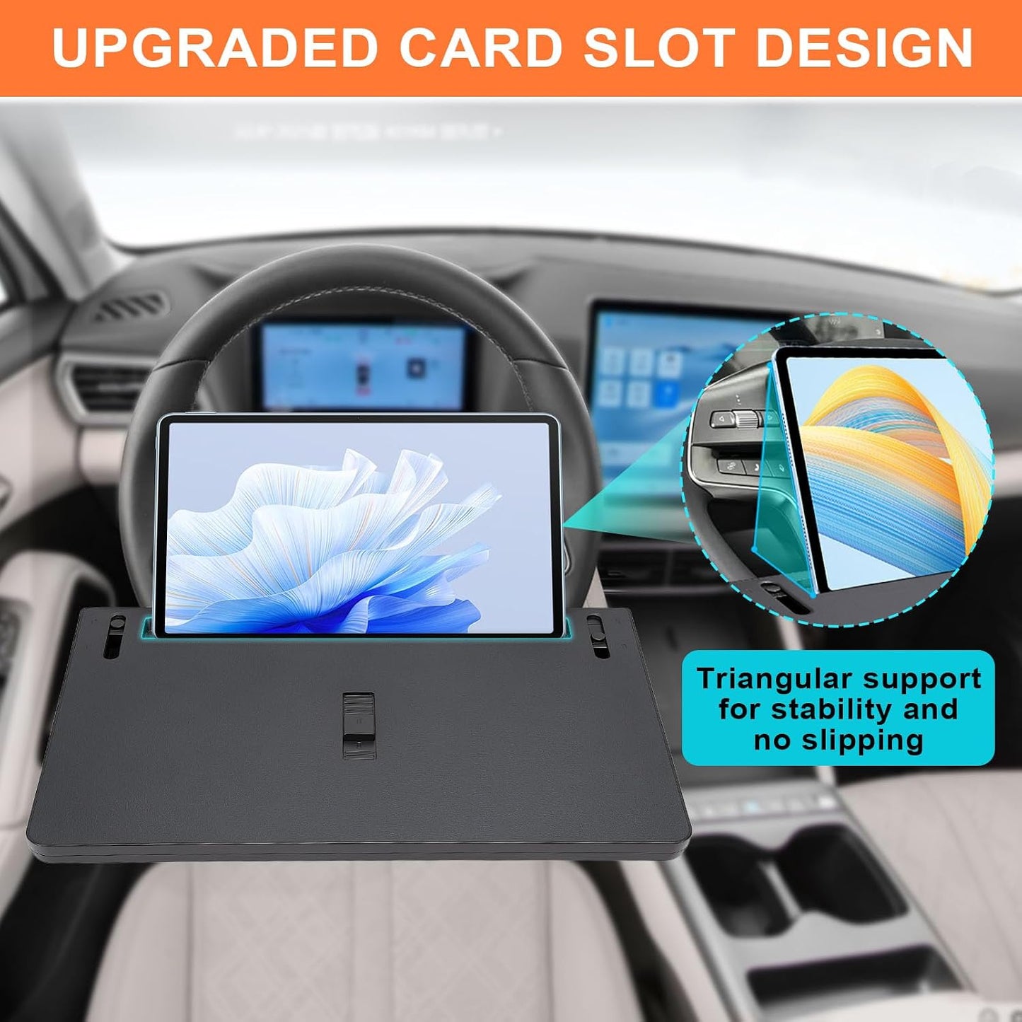 Extendable Steering Wheel Tray, Adjustable Car Desk for Laptop and Tablet, Car Food Tray with Expandable Side Panels and Locking Clip Support for Eating, Working