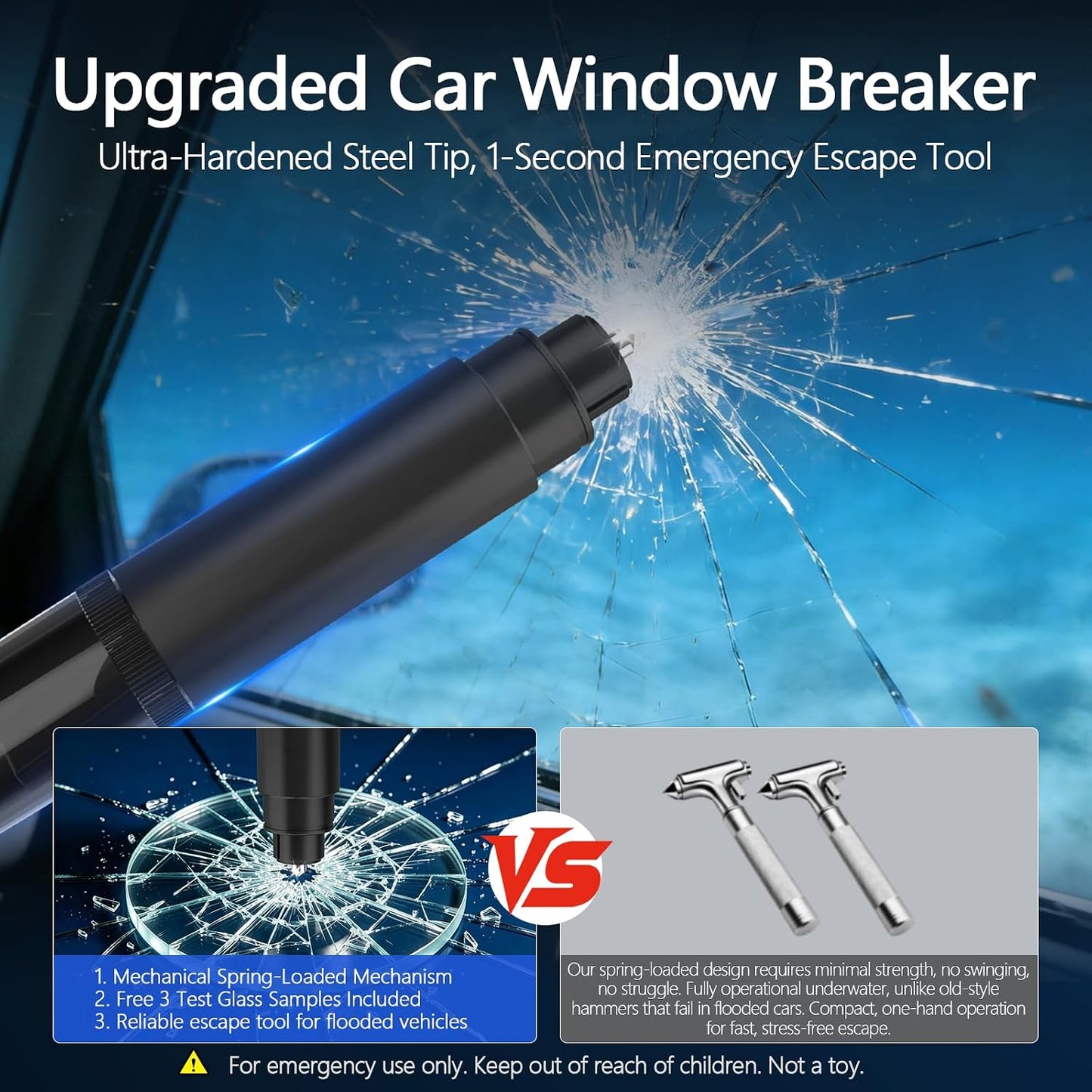 3-Pack Car Window Breaker and Seatbelt Cutter, Spring-Loaded Emergency Escape Tool, Glass Breaker for Underwater Use, 4 Car Door Shock Pads Included