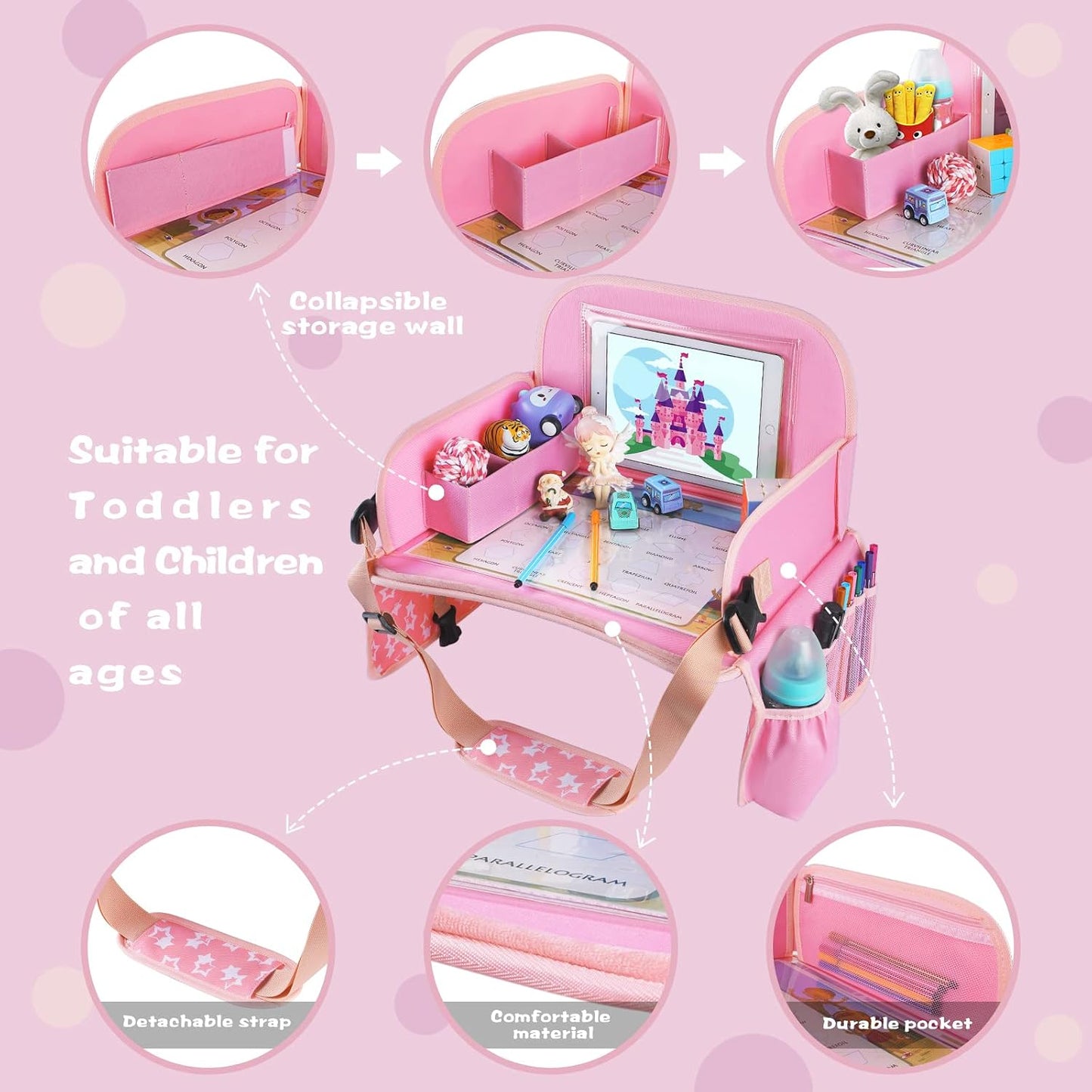 MENZOKE Kids Travel Tray for Toddler Car Seat, Road Trip Activities for Kids with iPad Holder Stand & Dry Erase Board, Road Trip Essentials Accessories Lap Tray as Travel Gifts for Kid, Pink