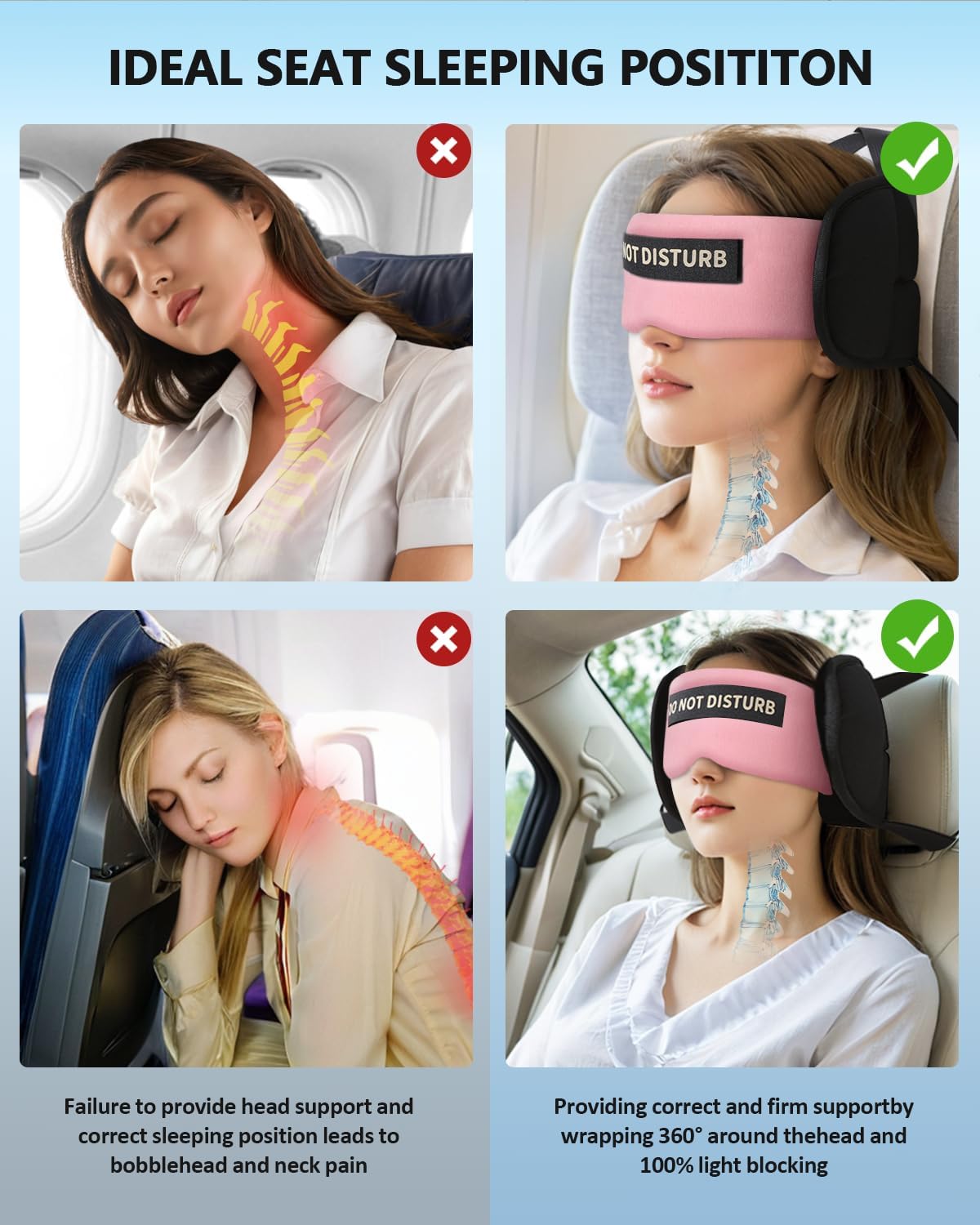 Travel Pillows for Airplanes, Airplane Pillow for Long Flights Sleeping with Eye Mask, 360° Support Plane Head Strap Travel Essentials for Air Travel Sleep Neck Upright, Stop Head Nodding(Pink)