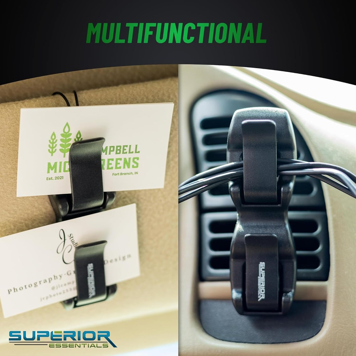 SUPERIOR ESSENTIALS Sunglass Holder for Car Visor Clip - Sun-Glasses Holder and Ticket Card Clips - Car Visor Accessories - Luxury Eyeglass Car Mount (Pack 2)