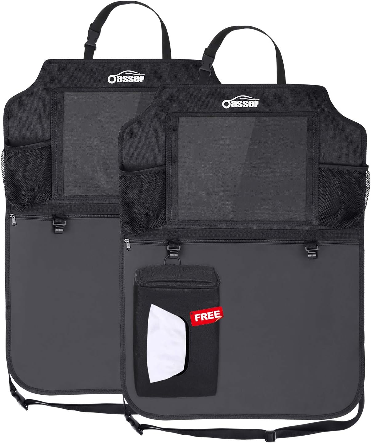 Oasser Seat Back Protector Kick Mats Backseat Car Organizers | 2 Pack, 1 Tissue Box, 12.9" Touch Screen Tablet Holder, Large Back of Seat Protector and Storage for Kids, 8 Pockets, Black
