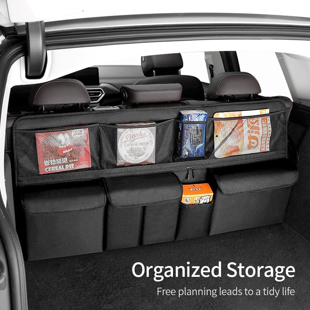 Viaviat Hanging Car Trunk Organizer, Collapsible Backseat Storage Bag with 9 Large Pockets for Medium or Large Size SUV, Truck, MPV, Car Interior Accessories (Black)