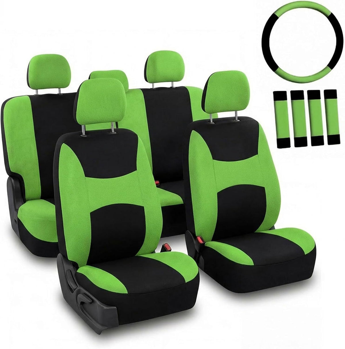 Automotive Seat Covers Green Universal Fit Combo Set with Steering Wheel Cover and Seat Belt Pad fits most Cars, SUVs, and Trucks (Airbag Compatible and Split Bench) FH Group FB030GREEN-COMBO
