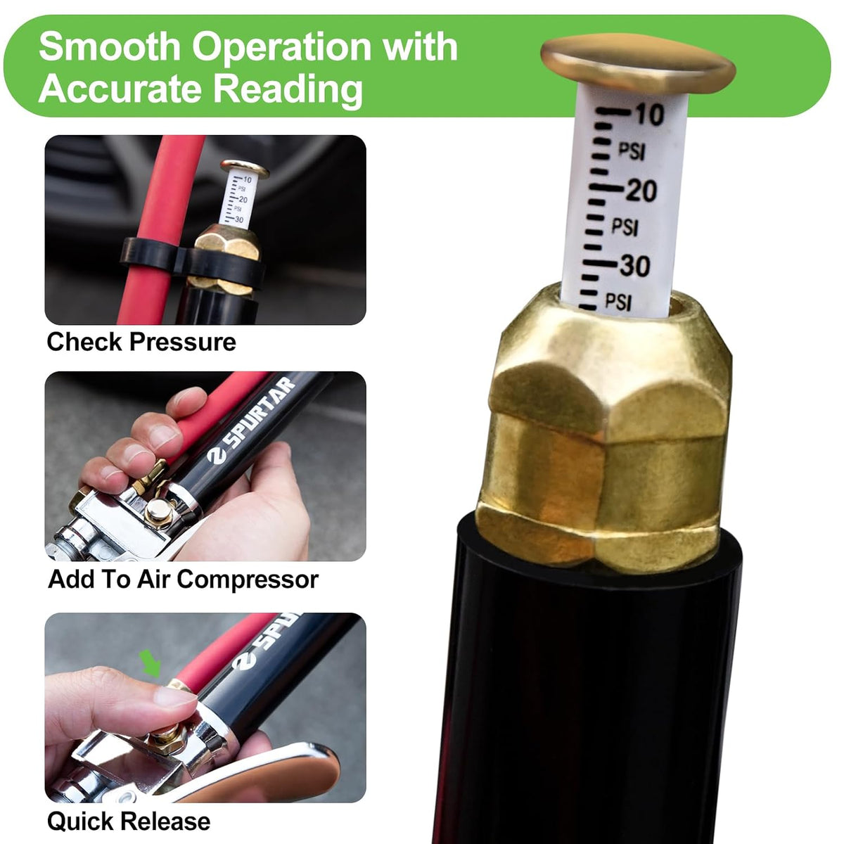 Spurtar 10-120 PSI Tire Pressure Gauge with Inflator Heavy Duty