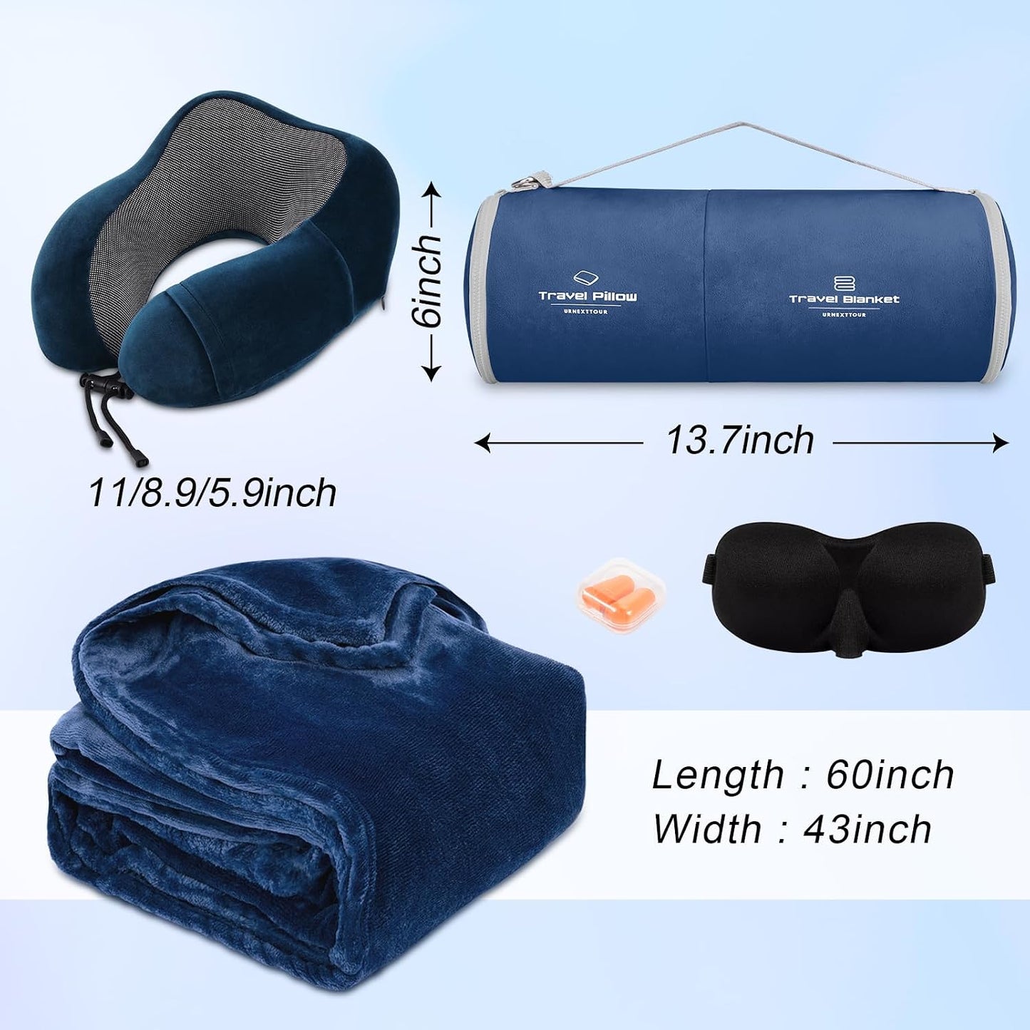 urnexttour Travel Pillow and Blanket Set Neck Pillows Travel Essentials with Sleep Mask for Airplane Car Memory Foam Blue