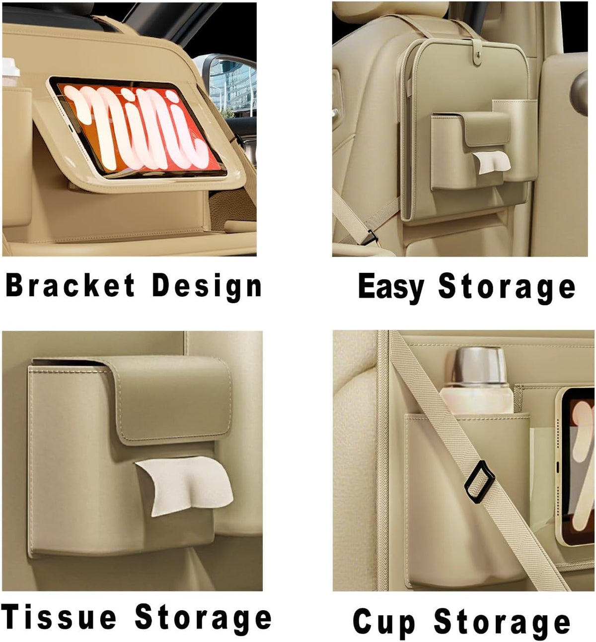 GMQ Backseat Car Organizer with Tray 1 Pack,Car Back Seat Eating Tray for Kids, Multifunctional Laptop Desk,Back Seat Car Storage & Tablet Holder for Children(Beige, 1PC)