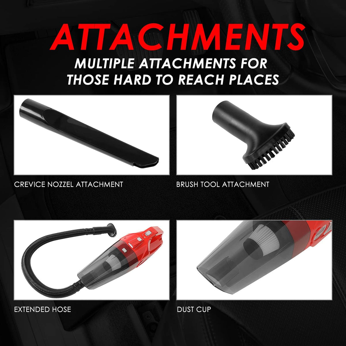 DNA MOTORING TOOLS-00182 Portable Handheld High Power Mini Corded 2 in 1 Vacuum Cleaner, Air Compressor w/Digital Tire Pressure Gauge & LED Light, Car Cleaning Kit,Red