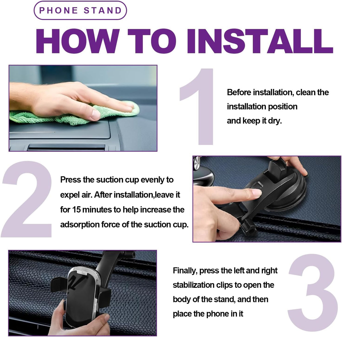 Car Phone Holder Mount Clip, Upgraded 3-in-1 Car Phone Holder Mount, Powerful Vacuum Suction Phone Mount for Car Dashboard Air Vent Windshield, 360° Adjustable, for All iPhone Android Phone