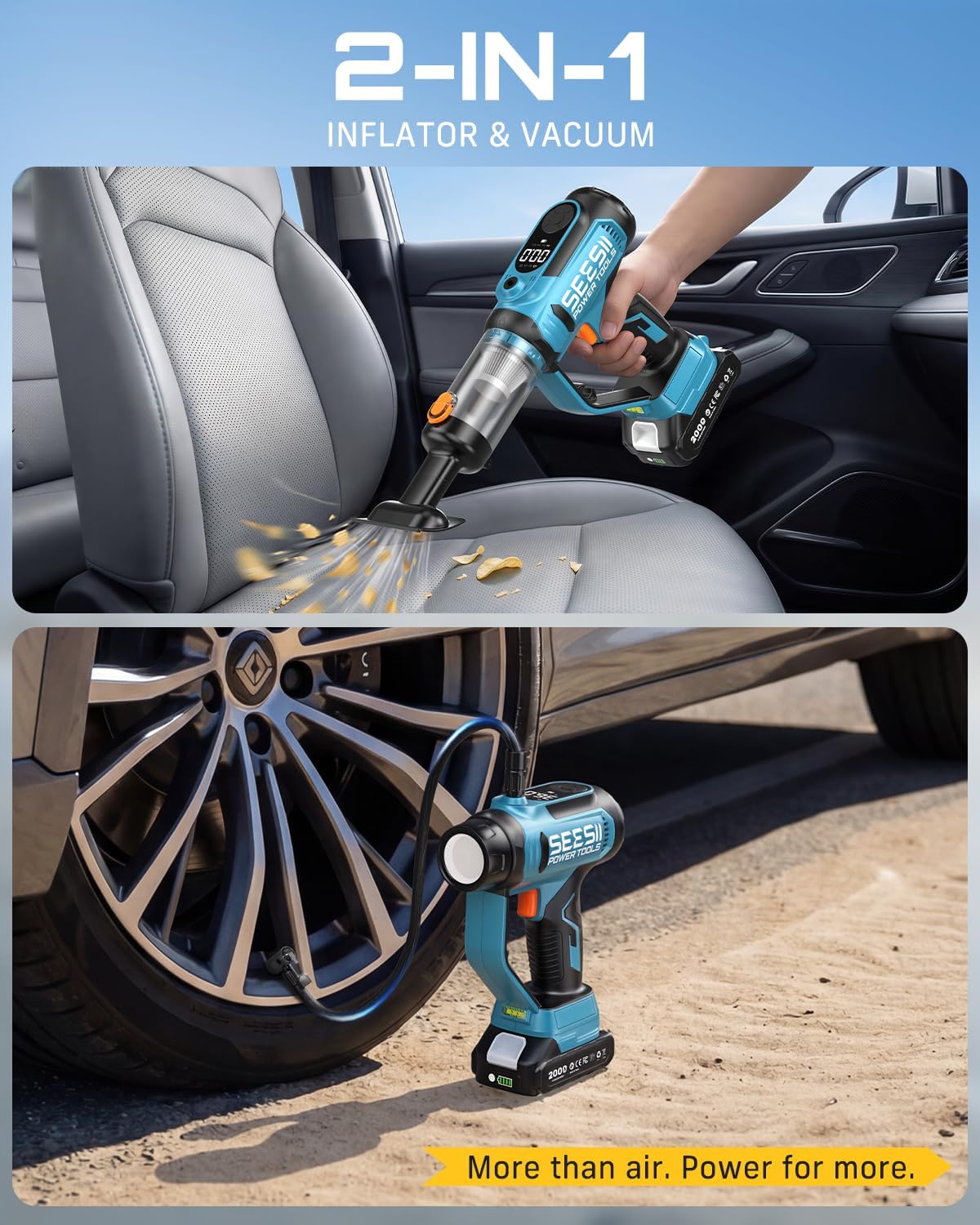 SEESII 3-in-1 Cordless Tire Inflator Air Compressor Car Vacuum & LED Light