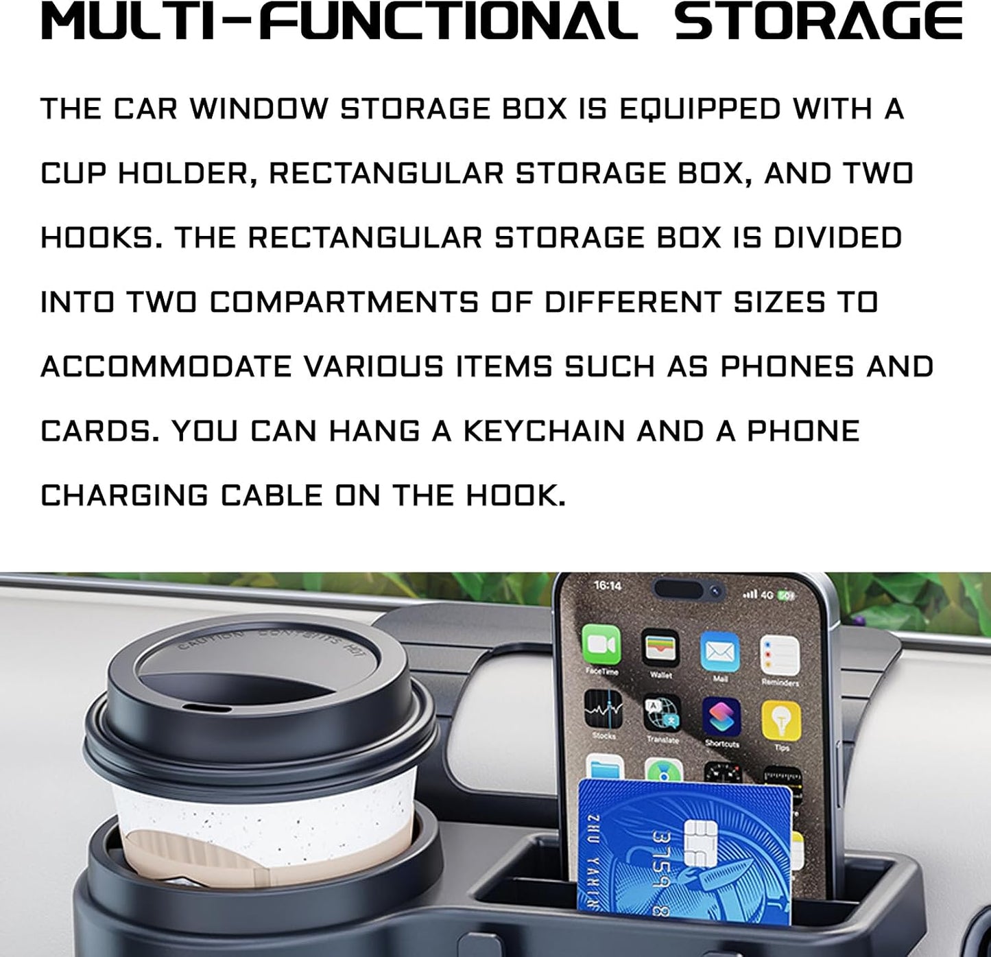 Car Door Storage Organizer with Cup Holder，Multifunctional Car Window Cup Holder Organizer Tray Side Hanging Rack，Backseat Storage Rack Box Hook for Hold Bottle Cell Phone Coin Key Charging Port