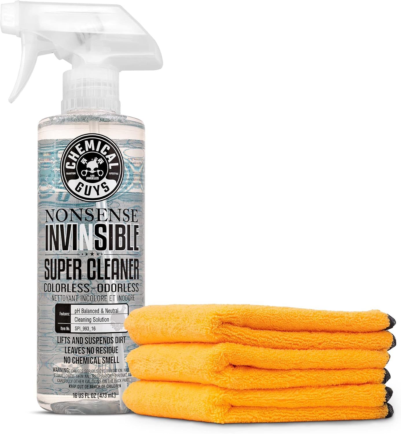 Chemical Guys SPI_993_16T Nonsense Colorless & Odorless All Surface Cleaner, Unscented (16 fl oz) Professional Grade Premium Microfiber Towels, Gold 16" x 16", Pack of 3