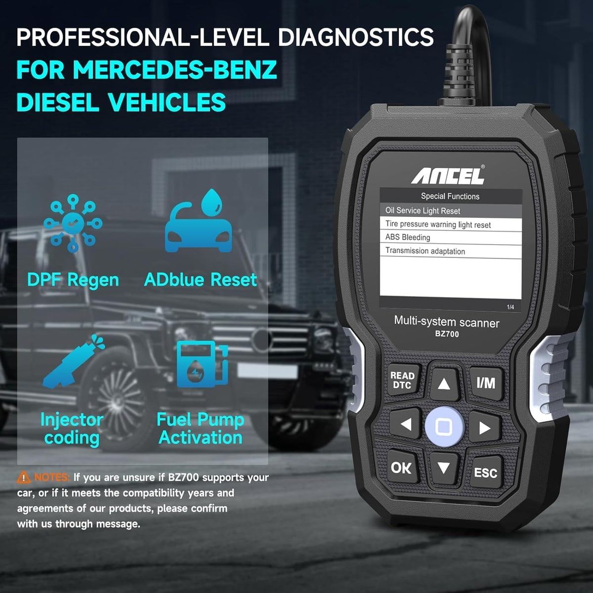 ANCEL BZ700 Mercedes Benz Sprinter/Vaneo/Vito/Viano/V/Metris/Citan/X Smart OBD2 Scanner, Full System Automotive Car Code Reader with All Reset Services, Battery Reset ABS Bleed Airbag EPB Oil SAS TPS