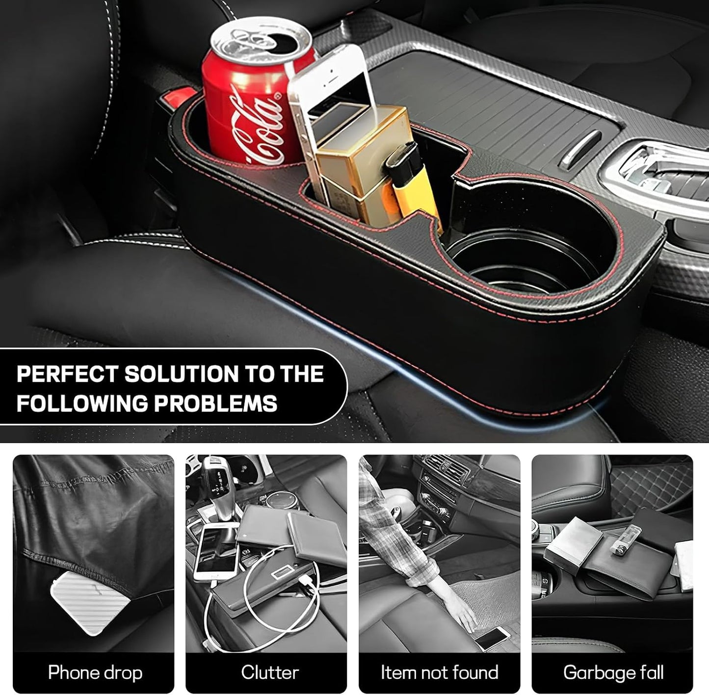 Car Cup Holder, Multifunctional Auto Drink Holder Gap Filler Storage Box, Leather Car Seat Organizer with Cup Holder, Universal Vehicle Front Seat Organizer for Bottle Phone (Black)