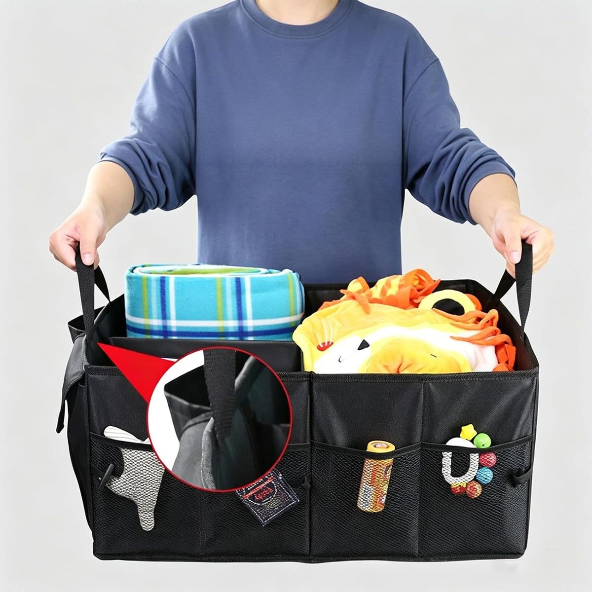 Advanced car seat storage bag is suitable for children and adults. The front and rear seat storage bags are foldable and adjustable. (black gray)