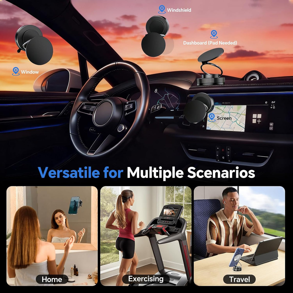 Vacuum Magnetic Car Phone Mount, Twist‑Lock Suction Cup Phone Holder with 3‑Axis Foldable Arm, MagSafe Compatible, 360° Adjustable for Dashboard Windshield Gym Desk, for iPhone & Android