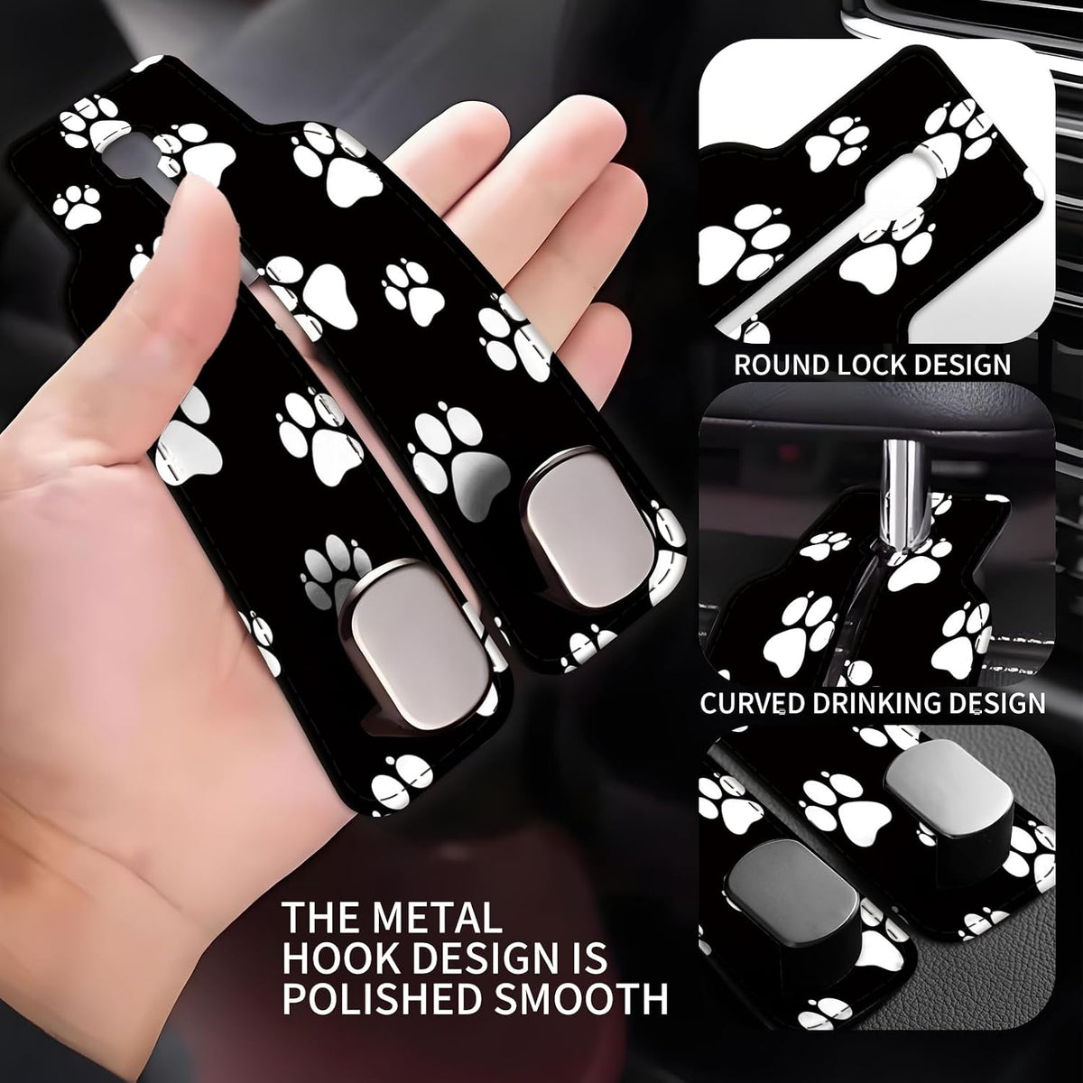 Car Seat Back Storage Headrest Hook, Premium Leather Double Metal Hook, Hanger Storage Organizer for Purse Cloth Bag, Car Interior Accessories Black White Dog Paws
