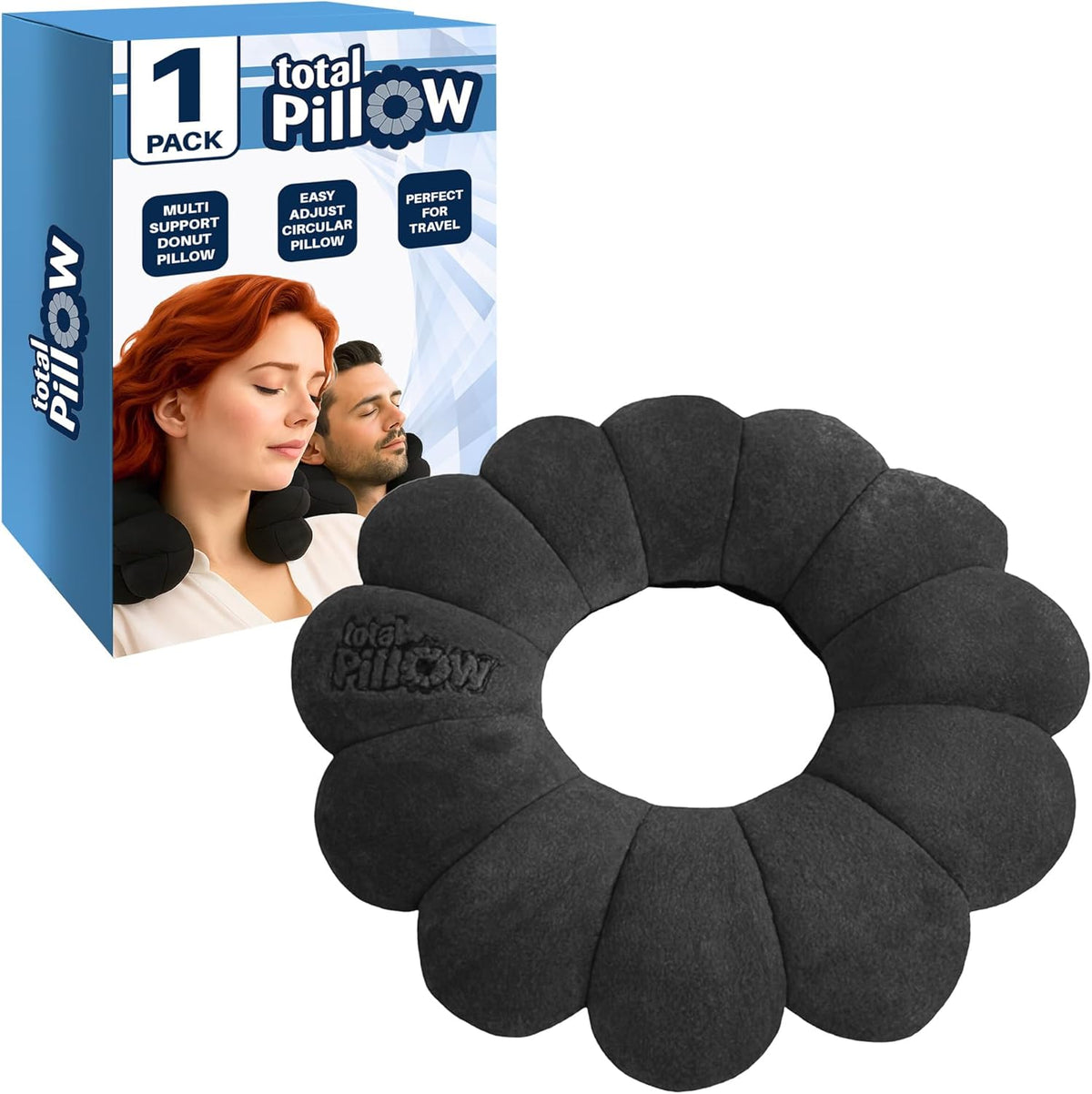 Total Pillow Donut Pillow for Airplane & Travel, Sleeping Neck Pillow, Microbead Comfortable Pillow for Neck, Head, Back, Lumbar & Pelvic Support, Twists to Many Positions - 2 Pack, Blue