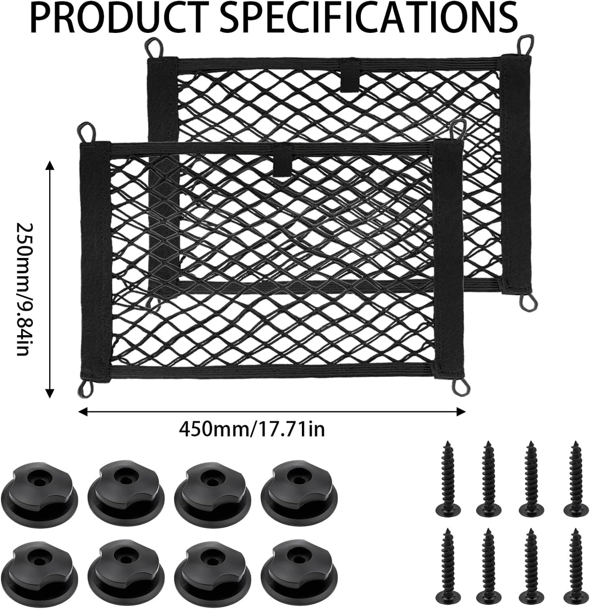 Small Cargo Net Pocket, 2-Pack Elastic Mesh Storage Organizer for Car, Trunk, RV, Boat, and Home, Mesh Pouch with Hooks & Screws (17.7” x 9.8”)