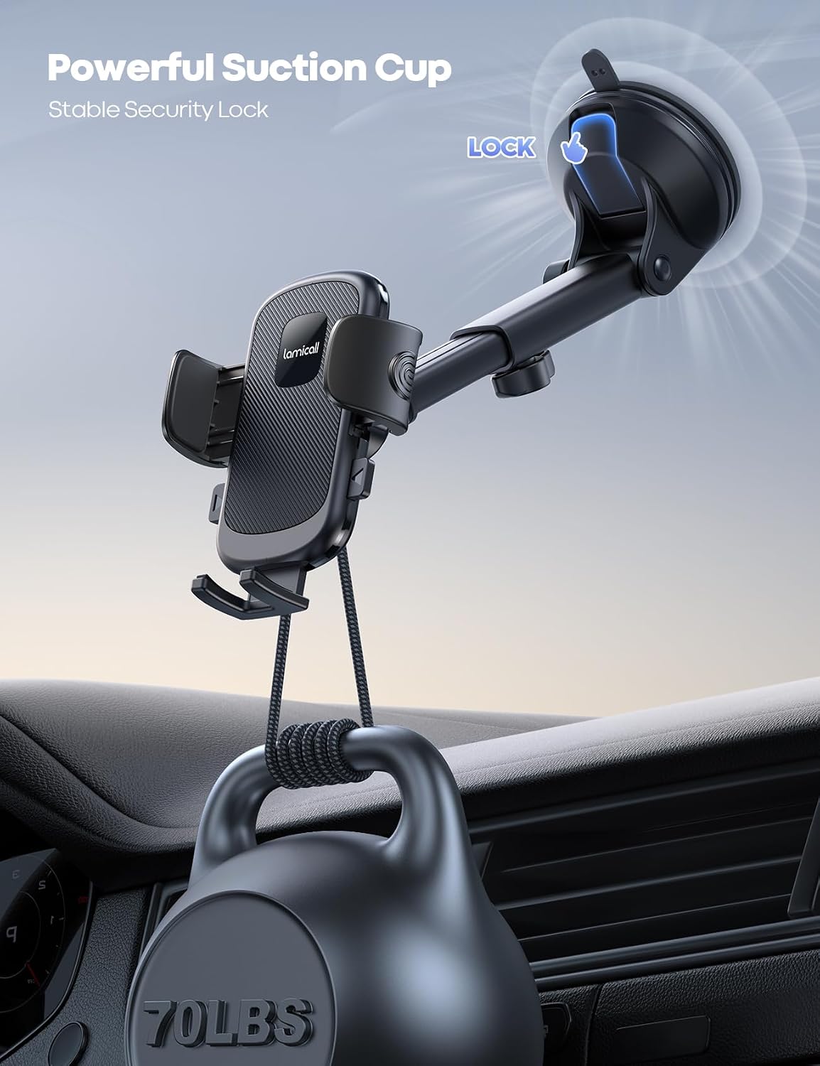 Lamicall Car Phone Holder Military-Grade Suction Cup Dashboard Windshield