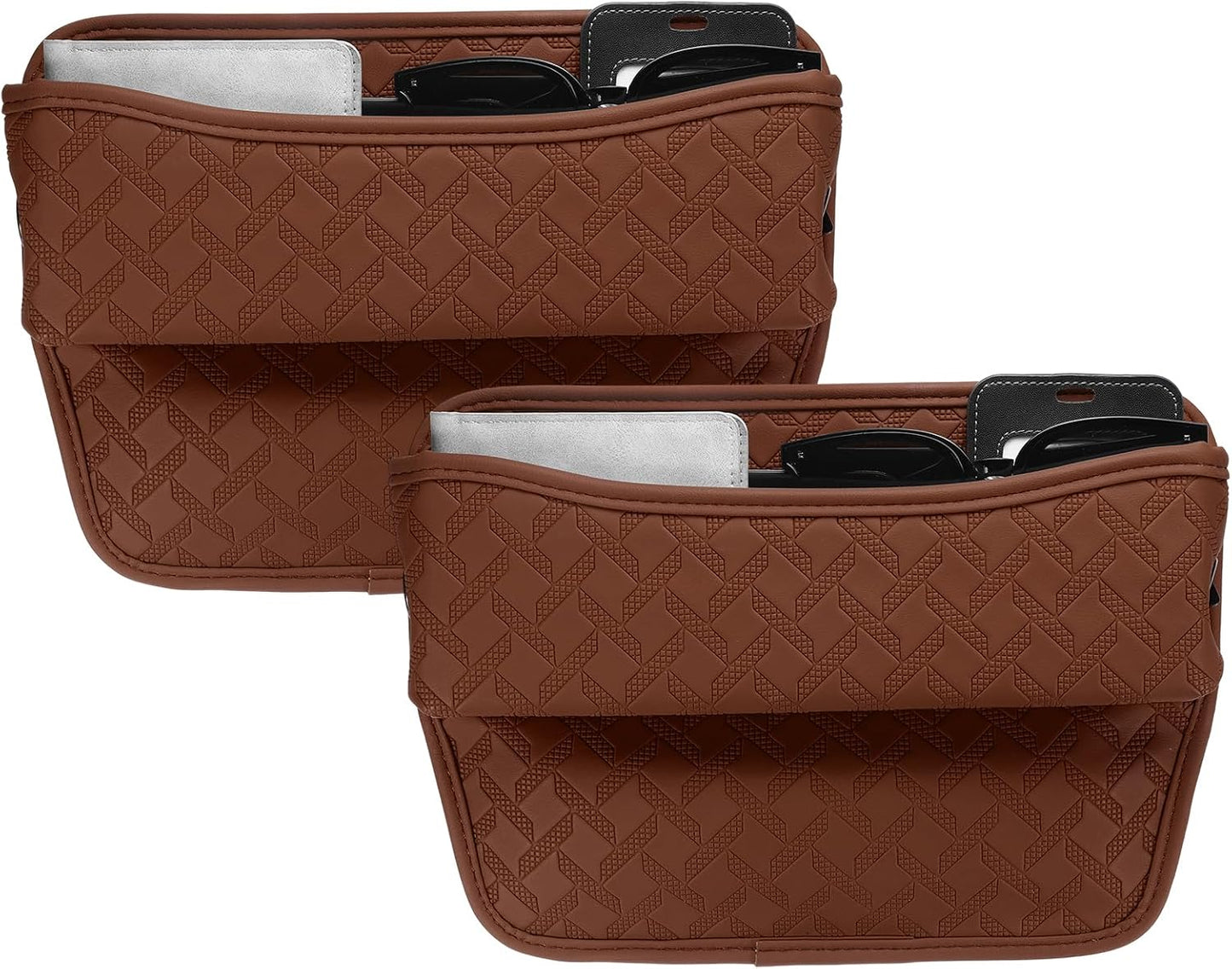 HARFINGTON 2pcs Car Seat Gap Filler Organizer 11.5 x 8 x 2.1 Inch Leather Universal Car Organizer Storage Box Between Seat and Console for Phone Sunglasses Keys, Brown